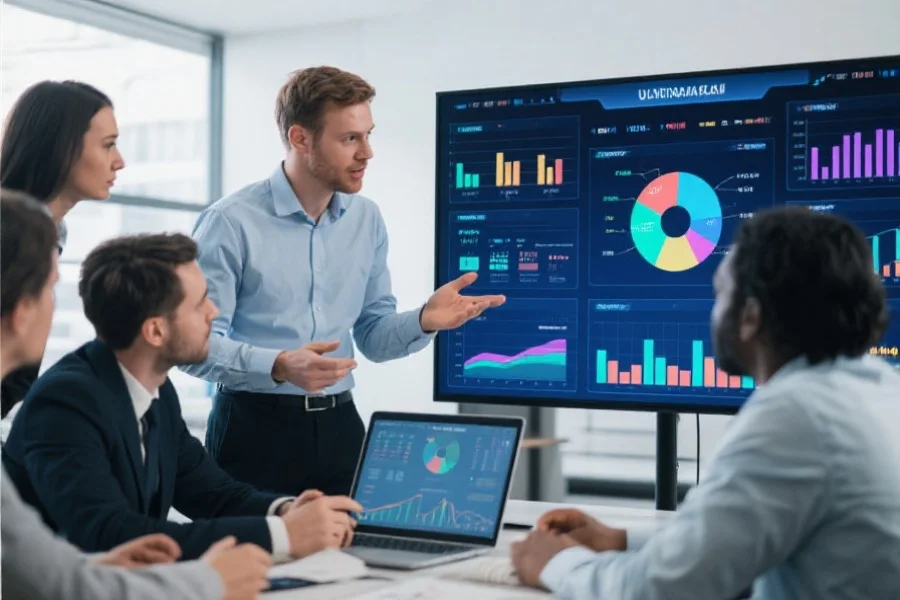 一个专业数据分析师正在与团队成员讨论数据可视化结果，屏幕上显示着丰富的图表
