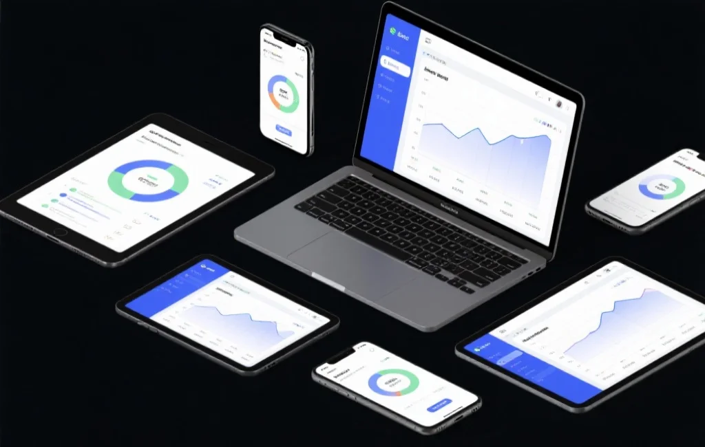 一组不同设备(手机、平板、笔记本电脑)同时展示同一个预测软件界面,体现多端同步功能