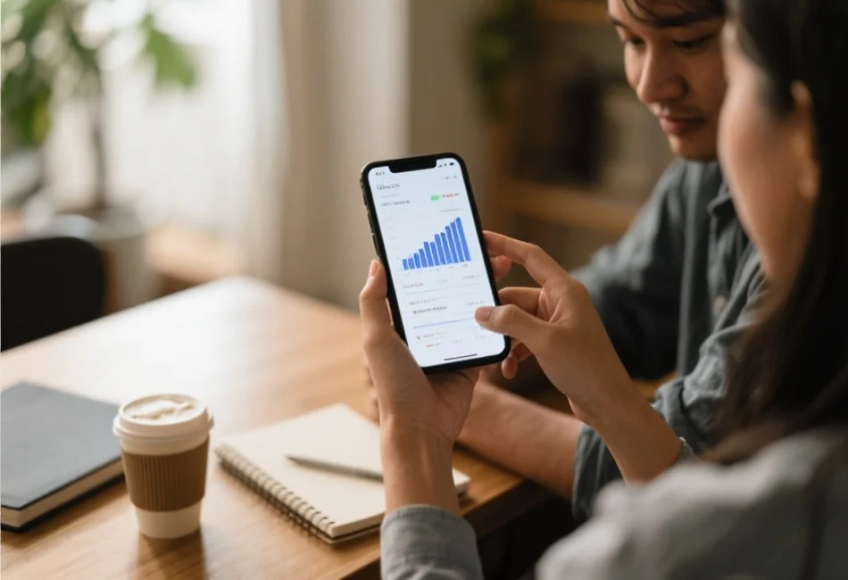 两个人在手机屏幕上查看并分享数据分析结果，桌面上有笔记本与咖啡杯，氛围轻松